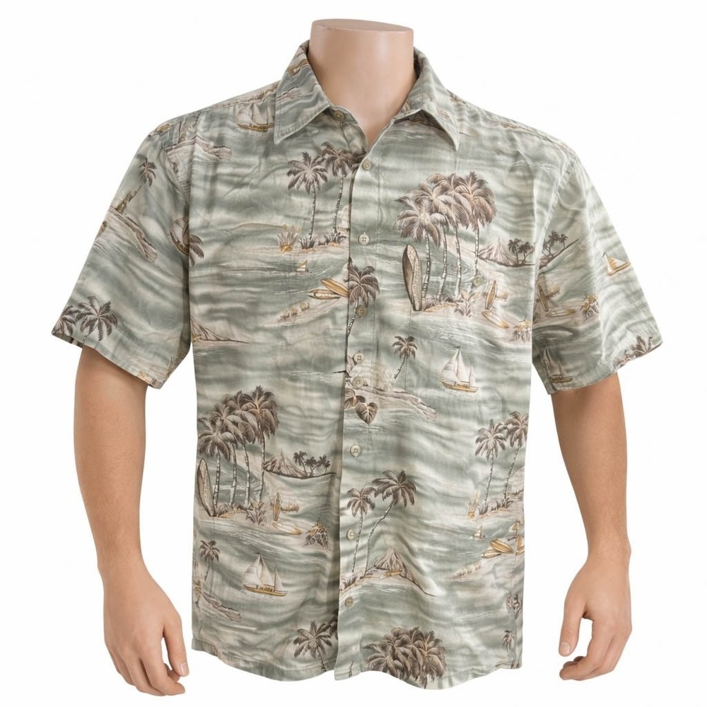 Campia Moda Hawaiian Aloha Shirt Large Islands Palms Surfboards Boats Green Tan